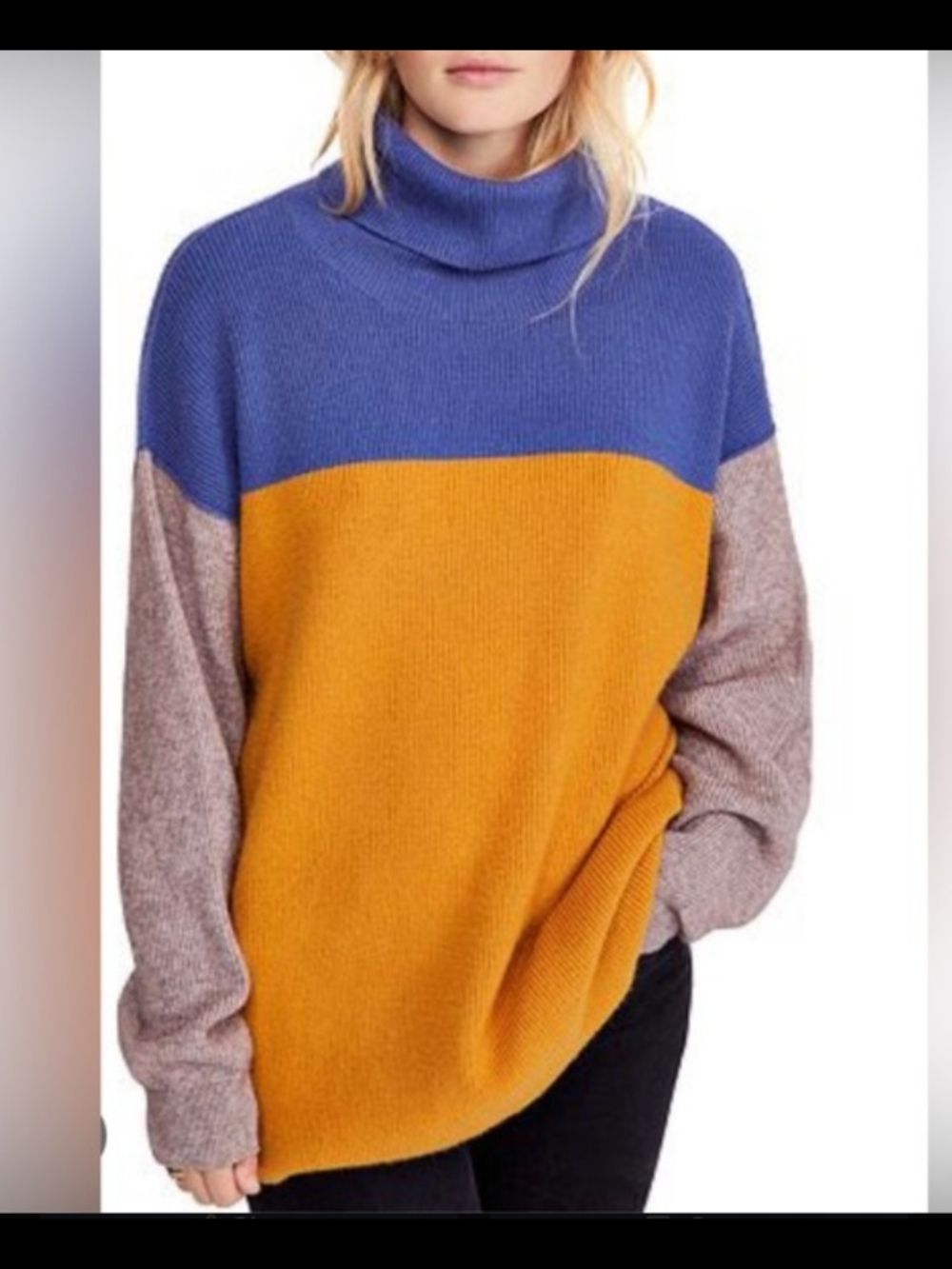 Free People Colorblock Cowl Sweater in Blue, Mustard & Taupe Small